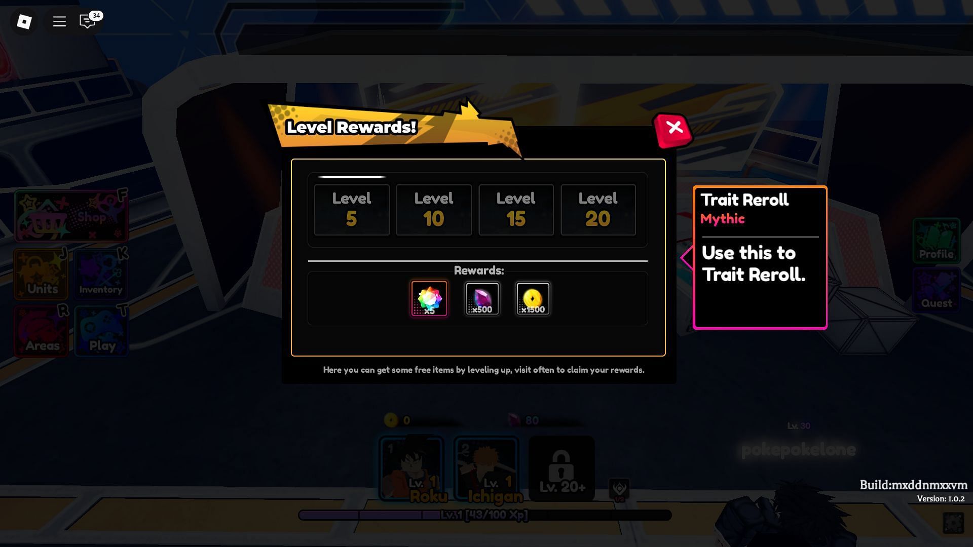 Level up to get free Trait Rerolls (Image via Roblox)